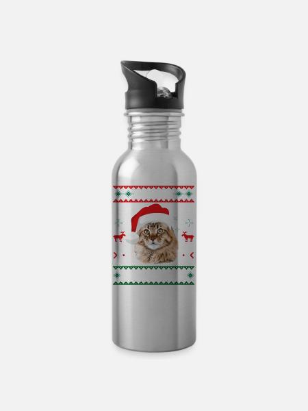 Meowy Noël Maine Coon Cat Joyeux Noël - Gourde avec paille intégrée - argent clair