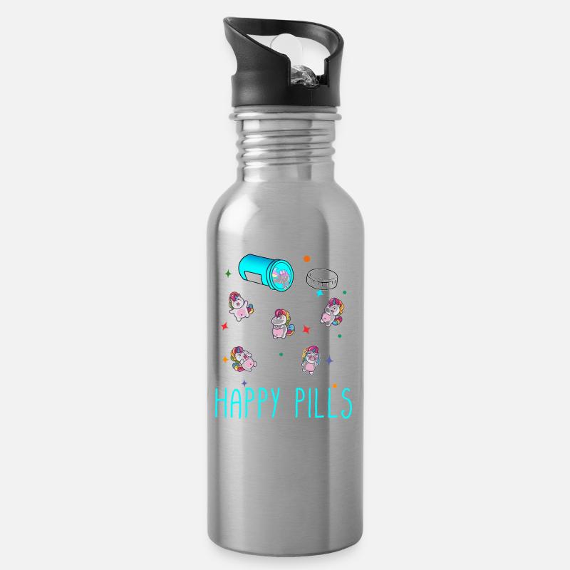 Happy Pills - Trinkflasche mit integriertem Trinkhalm - Lightsilver