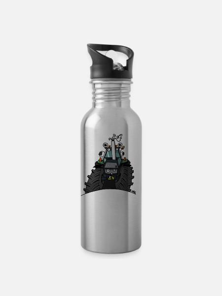 367 Green tractor - Water bottle with straw - silver