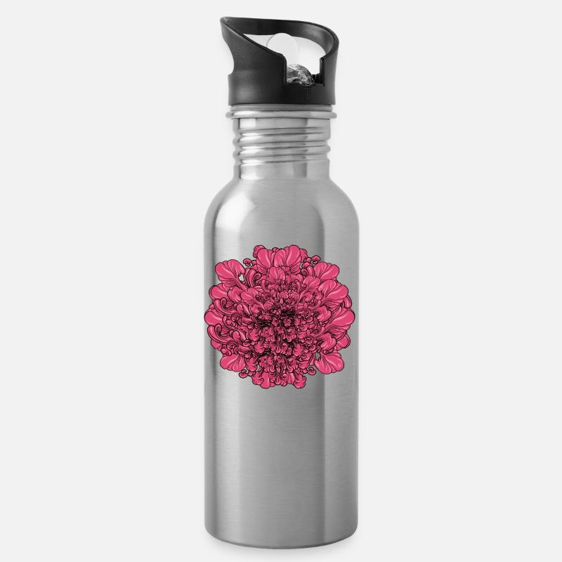 Fleur rose - Gourde avec paille intégrée - argent clair