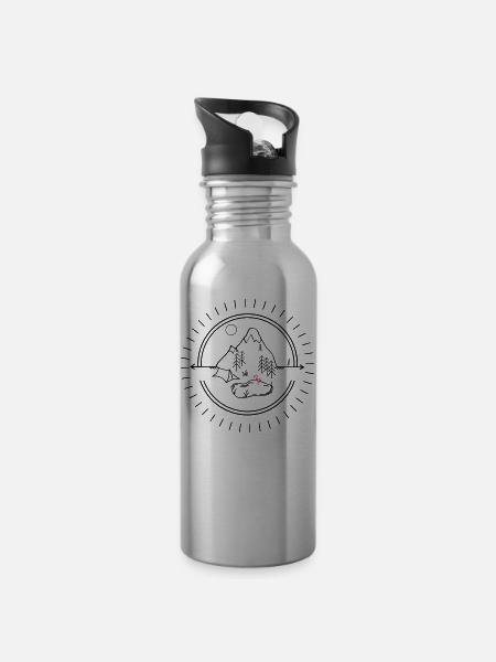 Simple camping with flamingo. Own color selection - Water bottle with straw - silver