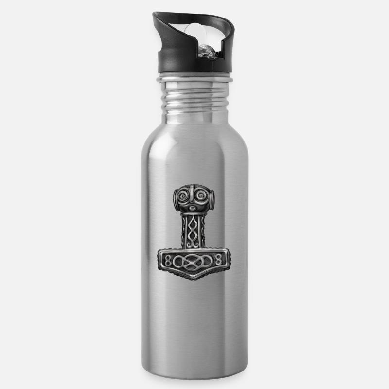 Thor Hammer Mjölnir Mjolnir - Trinkflasche mit integriertem Trinkhalm - Lightsilver