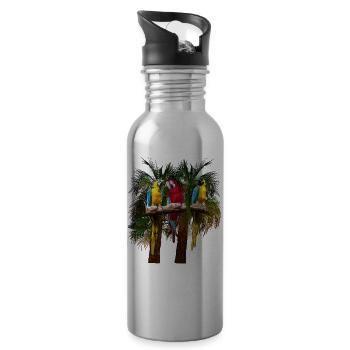 Three macaw parrots in front of palm trees - Water bottle with straw - silver - Right