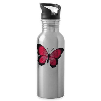 Roter Rosa Schmetterling Geschenk Idee - Trinkflasche mit integriertem Trinkhalm - Lightsilver - Rechts