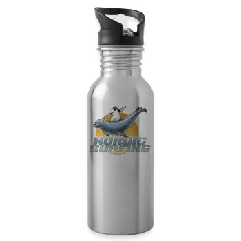 shirt motif penguin sea lion nordic surfing new - Water bottle with straw - silver - Right