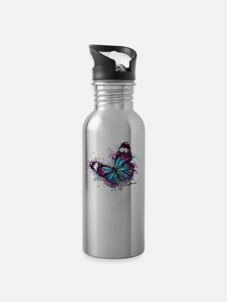 Beautiful Butterfly Watercolour - Water bottle with straw - silver