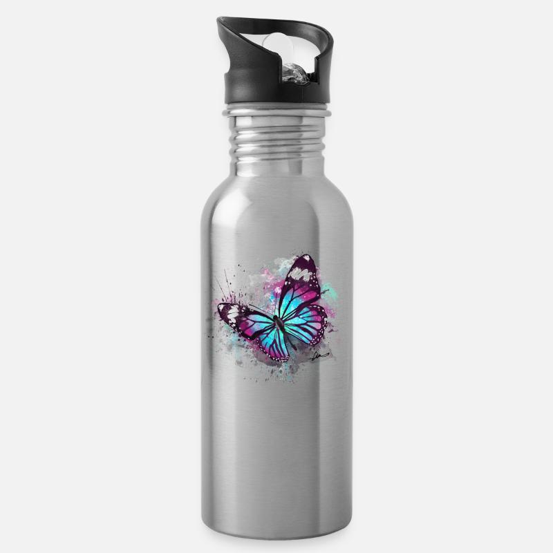 Beautiful Butterfly Watercolour - Water bottle with straw - silver