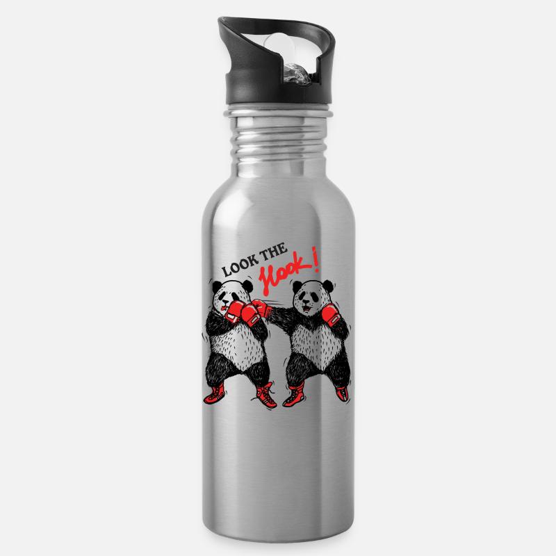 boxende Pandabären teilen aus - Trinkflasche mit integriertem Trinkhalm - Lightsilver