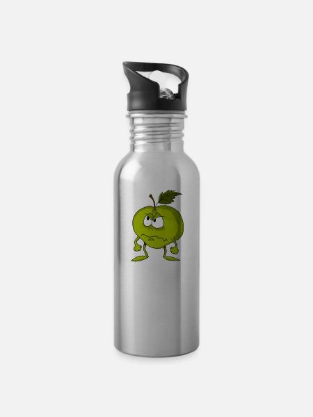 Grimmiges grünes Apfelgesicht - Trinkflasche mit integriertem Trinkhalm - Lightsilver