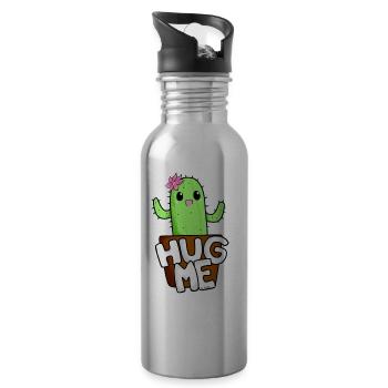 Kawaii Cactus Hug Me Funny Manga Gift Idea - Water bottle with straw - silver - Right