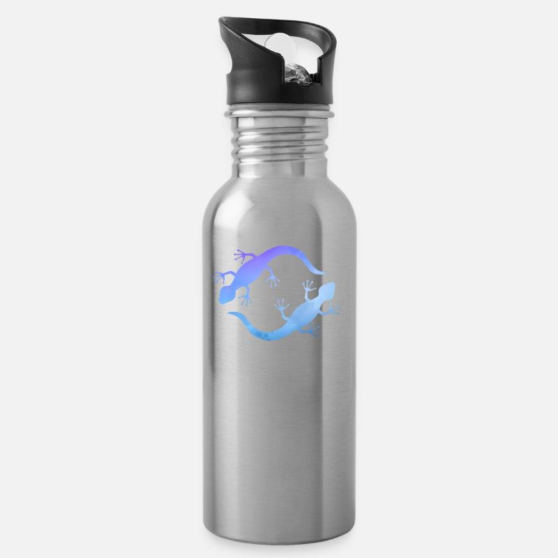 Blaue Echsen - Trinkflasche mit integriertem Trinkhalm - Lightsilver