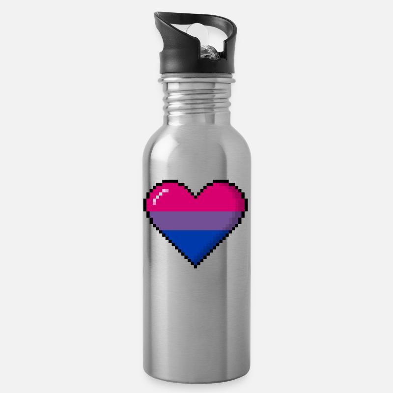 Bisexual Pride 8Bit Pixel Heart - Water bottle with straw - silver