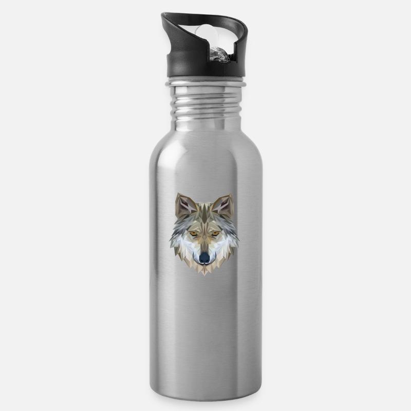 Wolf Face Polygon 3D - Water bottle with straw - silver