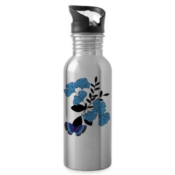 Butterfly on blue flower. - Water bottle with straw - silver - Right