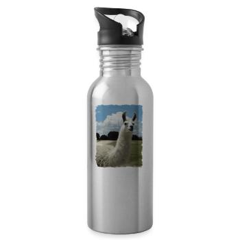 Alpaca, Llama, Cute Animals, Retro, Gift - Water bottle with straw - silver - Right