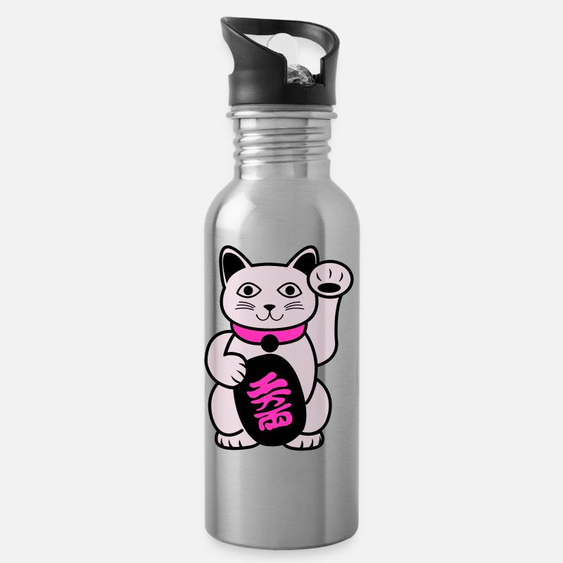 Maneki Winkekatze - Trinkflasche mit integriertem Trinkhalm - Lightsilver