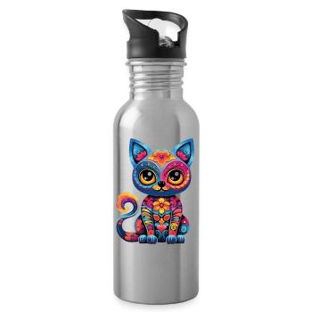 Dia De los Muertos Cat Meowtos Colorful Flowers - Water bottle with straw - silver - Right