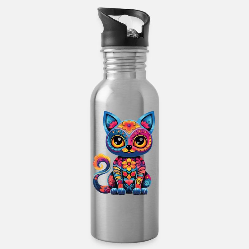 Dia De Los Muertos Katze Meowtos Bunt Blumen - Trinkflasche mit integriertem Trinkhalm - Lightsilver