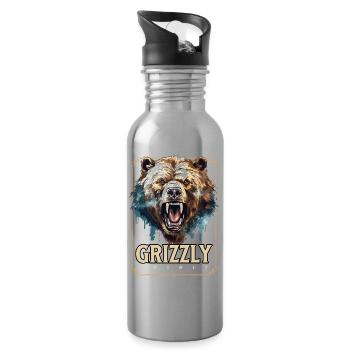Bear Grizzly Roars Bear Head Nature Wilderness Forest - Water bottle with straw - silver - Right