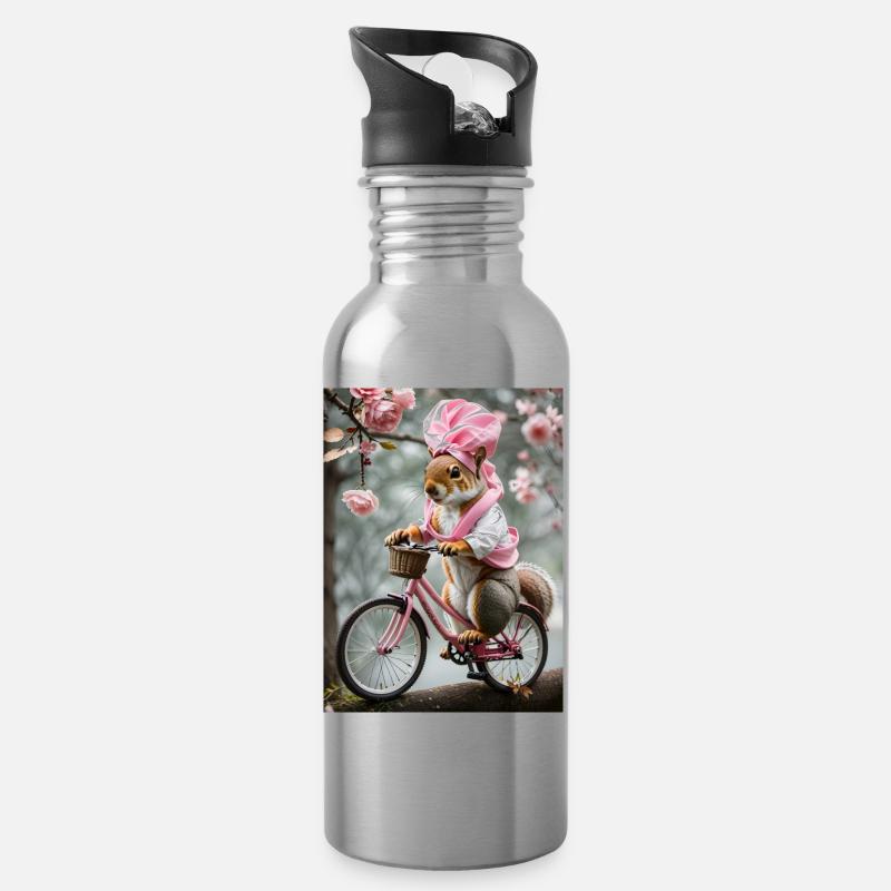 Écureuil sur un vélo - Gourde avec paille intégrée - argent clair
