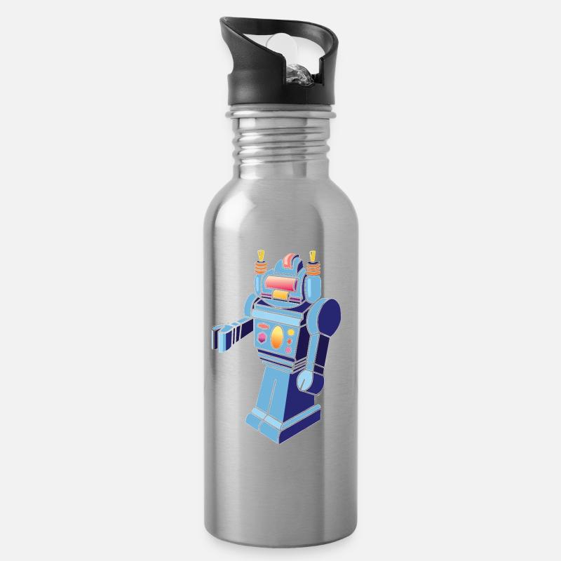 Retro-Roboter - Trinkflasche mit integriertem Trinkhalm - Lightsilver