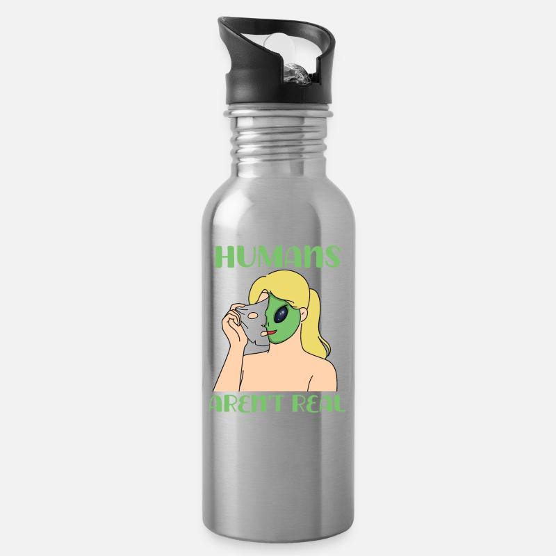 "Humans Aren't Real", lustiges Comic, Space Alien - Trinkflasche mit integriertem Trinkhalm - Lightsilver