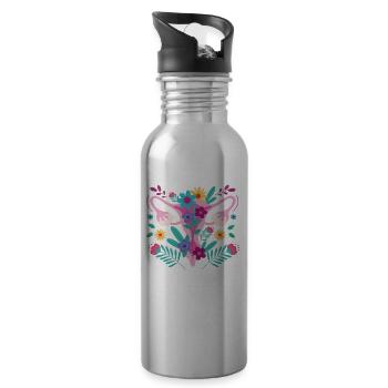 Floral Feminist Flowers Strong Woman, Strong Voice - Water bottle with straw - silver - Right