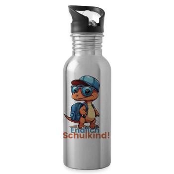 Endlich Schulkind Schulstart Schulanfang Spruch - Trinkflasche mit integriertem Trinkhalm - Lightsilver - Rechts
