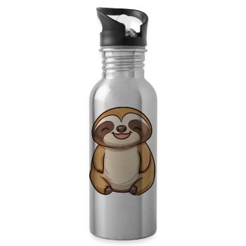 Cute Relaxed Happy Sloth - Adorable Cartoon Design - Water bottle with straw - silver - Right