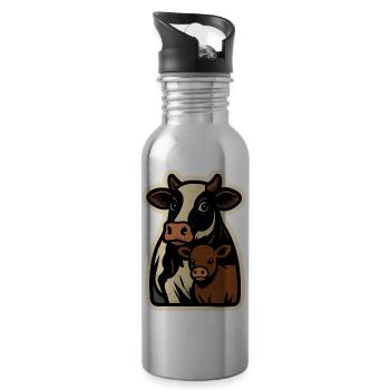 Kuh und Kalb – Retro Liebe auf dem Land - Trinkflasche mit integriertem Trinkhalm - Lightsilver - Rechts