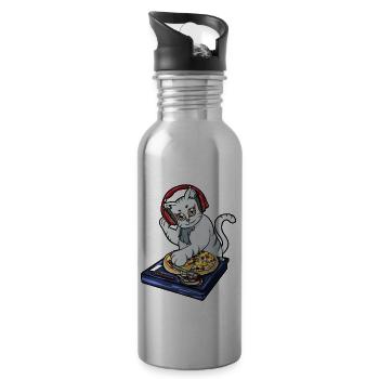 Katze Pizza DJ - Trinkflasche mit integriertem Trinkhalm - Lightsilver - Rechts