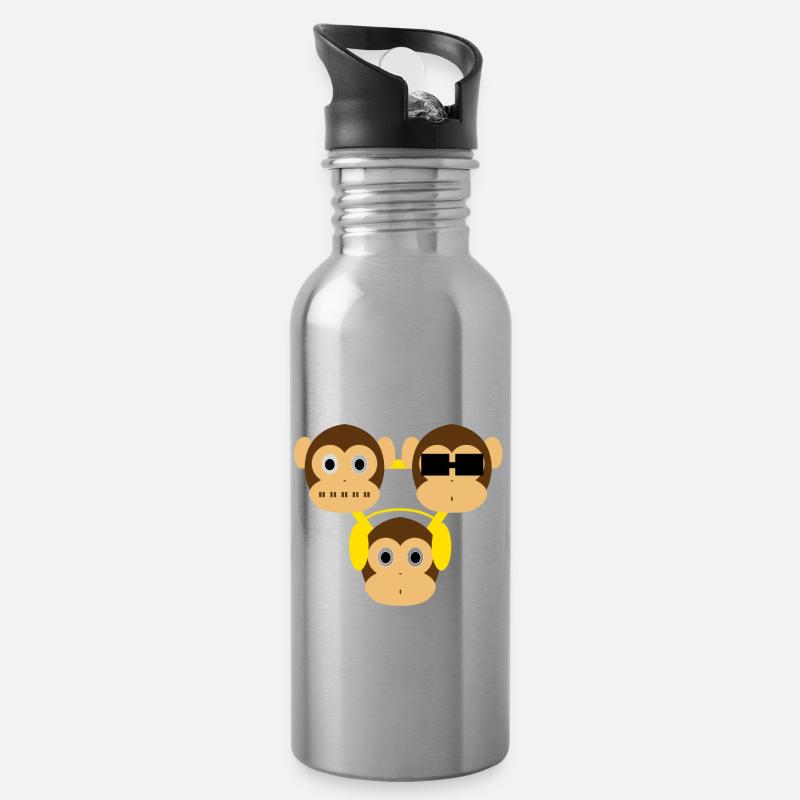 Drei Affen - einer blind, einer taub, einer stumm - Trinkflasche mit integriertem Trinkhalm - Lightsilver
