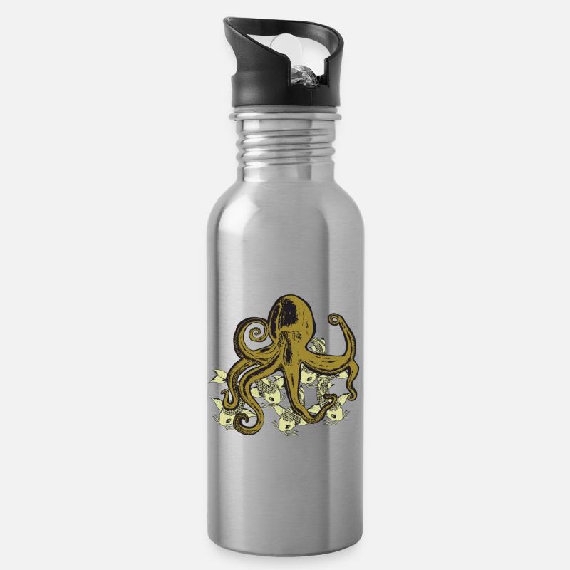 Koi meets octopus - Water bottle with straw - silver