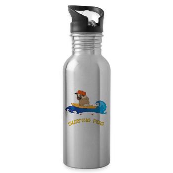 Surfender Mops Surfing Pug Mops auf Surfbrett - Trinkflasche mit integriertem Trinkhalm - Lightsilver - Rechts