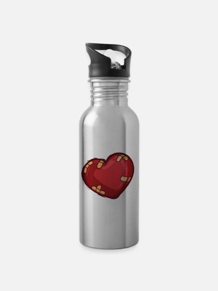 Herz mit Pflaster - Trinkflasche mit integriertem Trinkhalm - Lightsilver