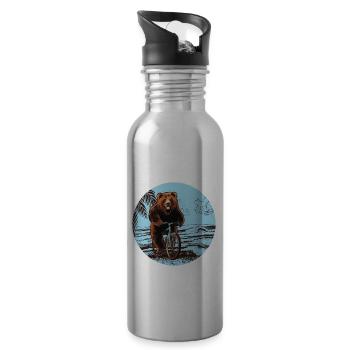 Bär Fahrrad Glücklich Strand Meer Palme Geschenk - Water bottle with straw - silver - Right