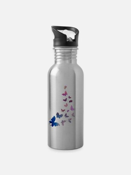 Schmetterling Schwarm Harmonie blau rosa - Trinkflasche mit integriertem Trinkhalm - Lightsilver