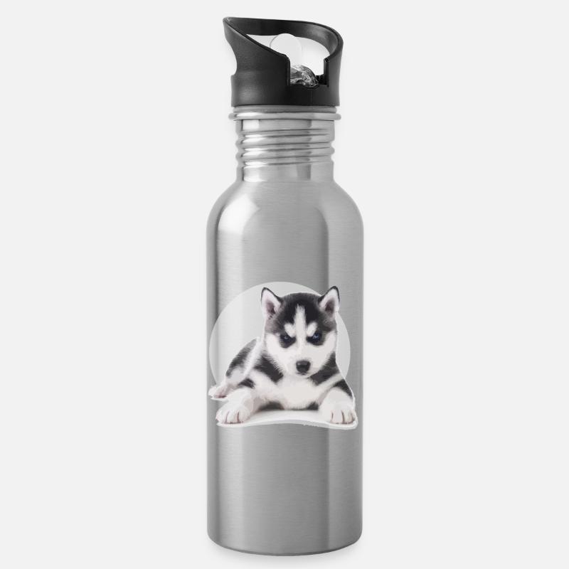 Husky Welpen - Trinkflasche mit integriertem Trinkhalm - Lightsilver