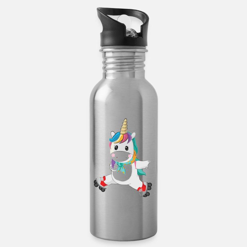 Licorne sur patins à roulettes, doux, mignon, cadeau - Gourde avec paille intégrée - argent clair