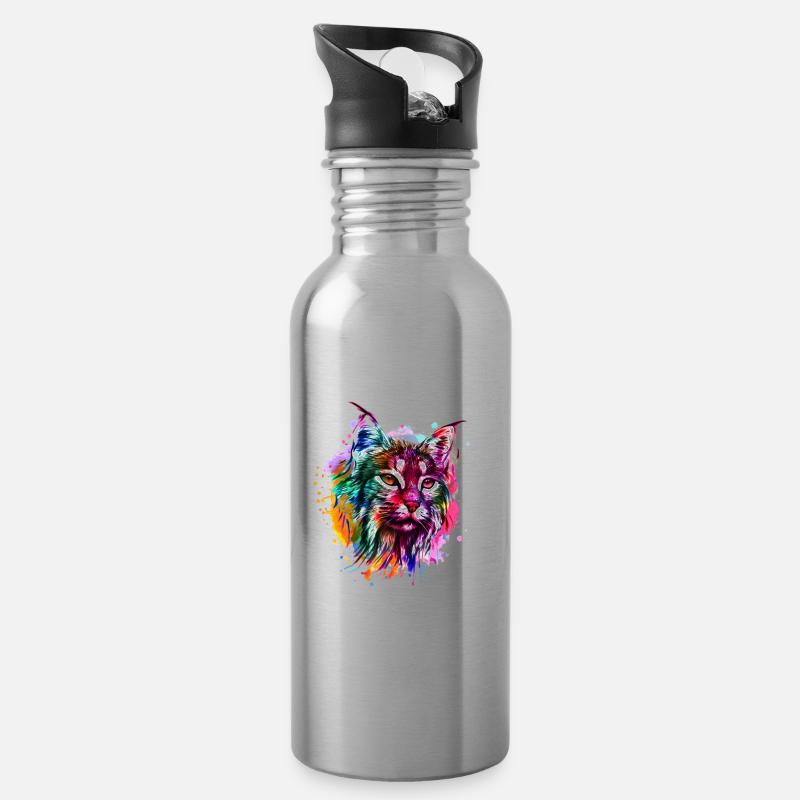 Luchs Aquarell Wasserfarben Bunt Geschenk - Trinkflasche mit integriertem Trinkhalm - Lightsilver