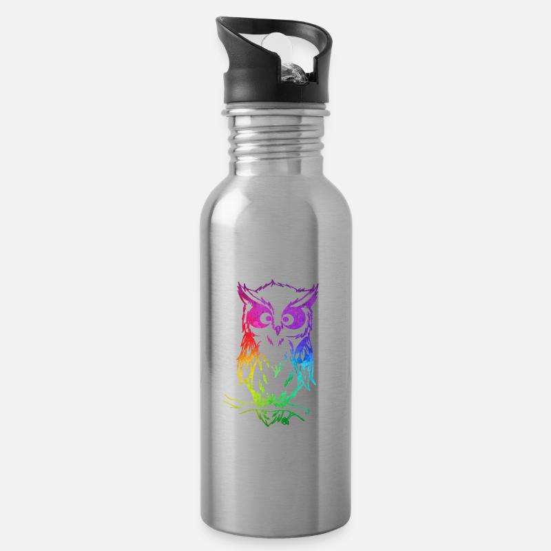 Süße Bunte Eule - Trinkflasche mit integriertem Trinkhalm - Lightsilver