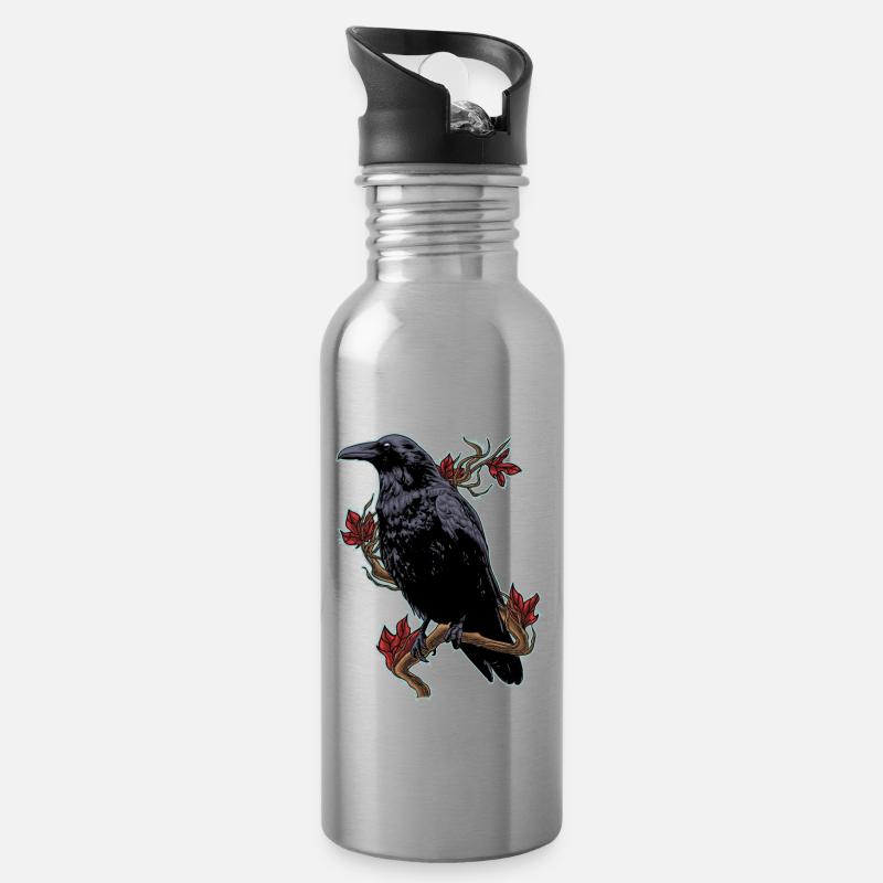 Rabe Krähe Vogel Schwarz Raubvogel Herbst Motiv - Trinkflasche mit integriertem Trinkhalm - Lightsilver