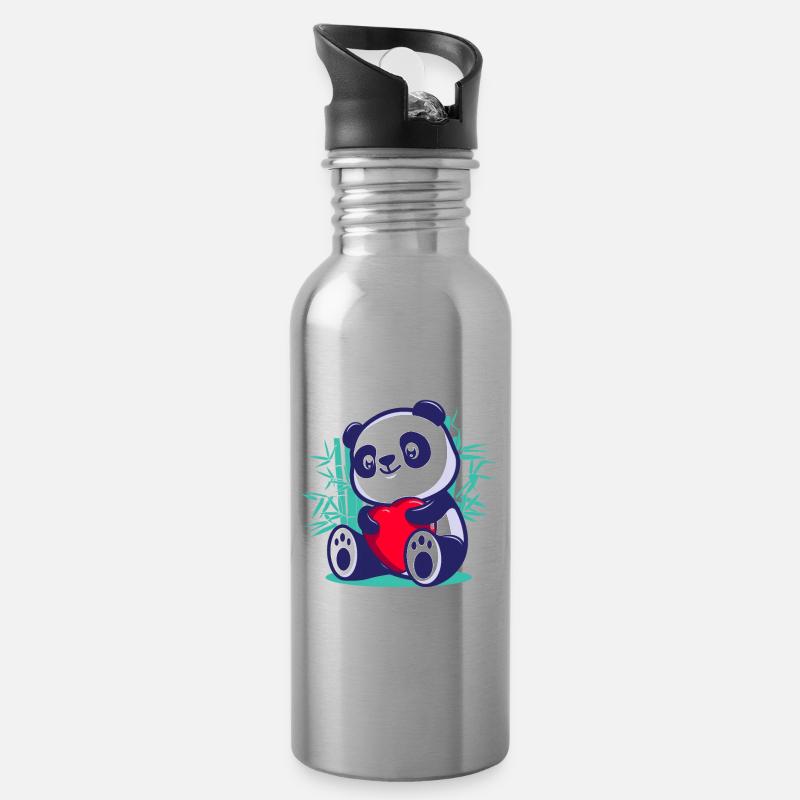 mignon panda coeur kawaii romantique saint valentin - Gourde avec paille intégrée - argent clair