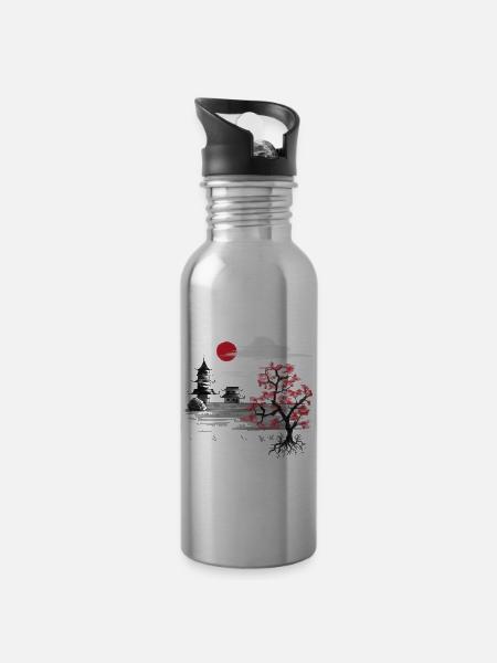 Japon Nature Chine Asie Cerisier Fleur Asiatique - Gourde avec paille intégrée - argent clair