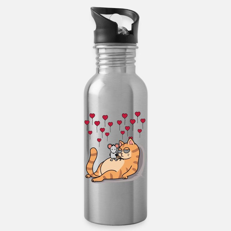 Chat Souris Ami Amour Partenariat Romance - Gourde avec paille intégrée - argent clair