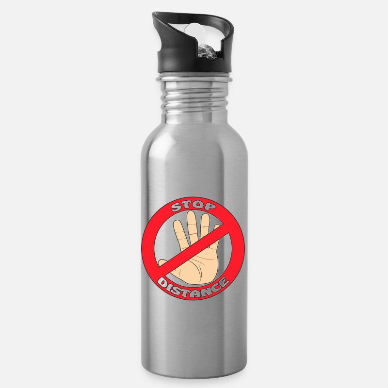 Hand Stop Schild Streifen STOP DISTANCE - Trinkflasche mit integriertem Trinkhalm - Lightsilver