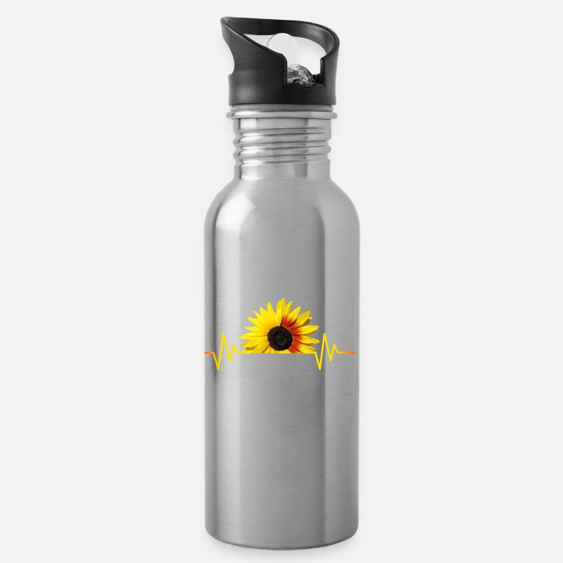 Sonnenblumen, Sonnenblume, Herzschlag, Rhythmus - Trinkflasche mit integriertem Trinkhalm - Lightsilver