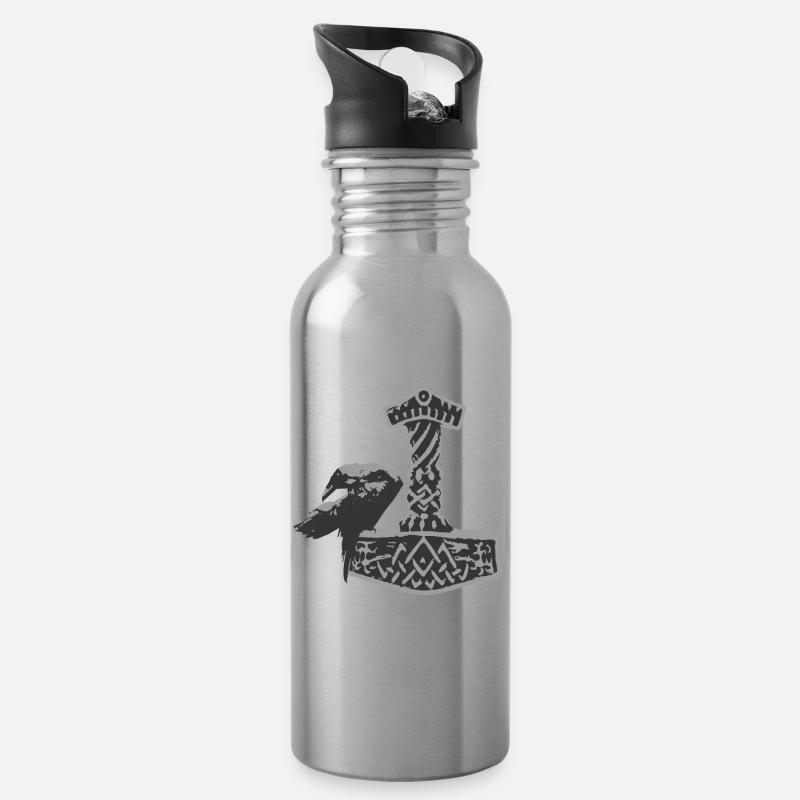 Thor Hammer Ravens Odin Midgard - Water bottle with straw - silver