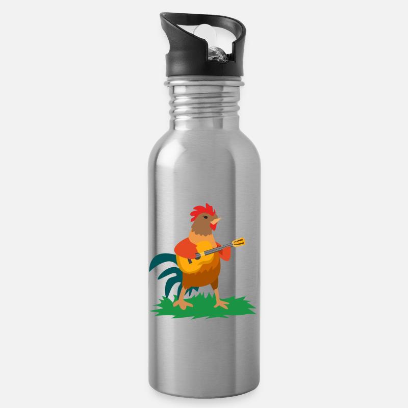 Huhn Gitarre - Trinkflasche mit integriertem Trinkhalm - Lightsilver