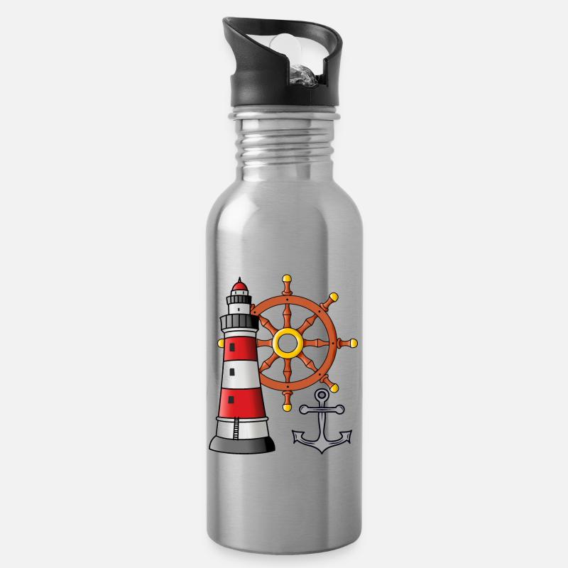 Leuchtturm Steuerrad Anker Maritim Seemann Ahoi - Trinkflasche mit integriertem Trinkhalm - Lightsilver